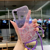 a woman holding a purple phone case with glitter