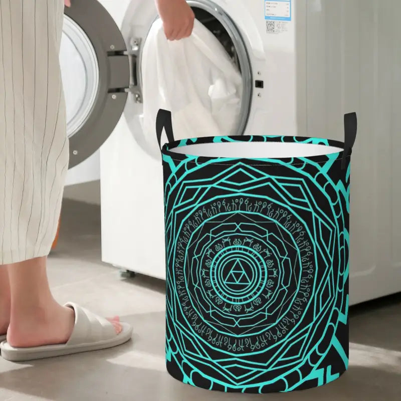 a woman is standing next to a washing machine