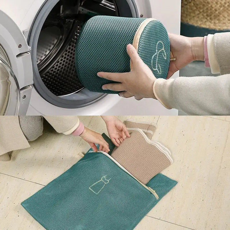 a woman putting a laundry bag into a washing machine