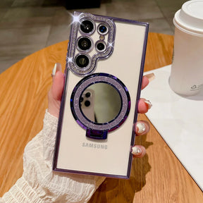 A woman holding a samsung phone case with a camera