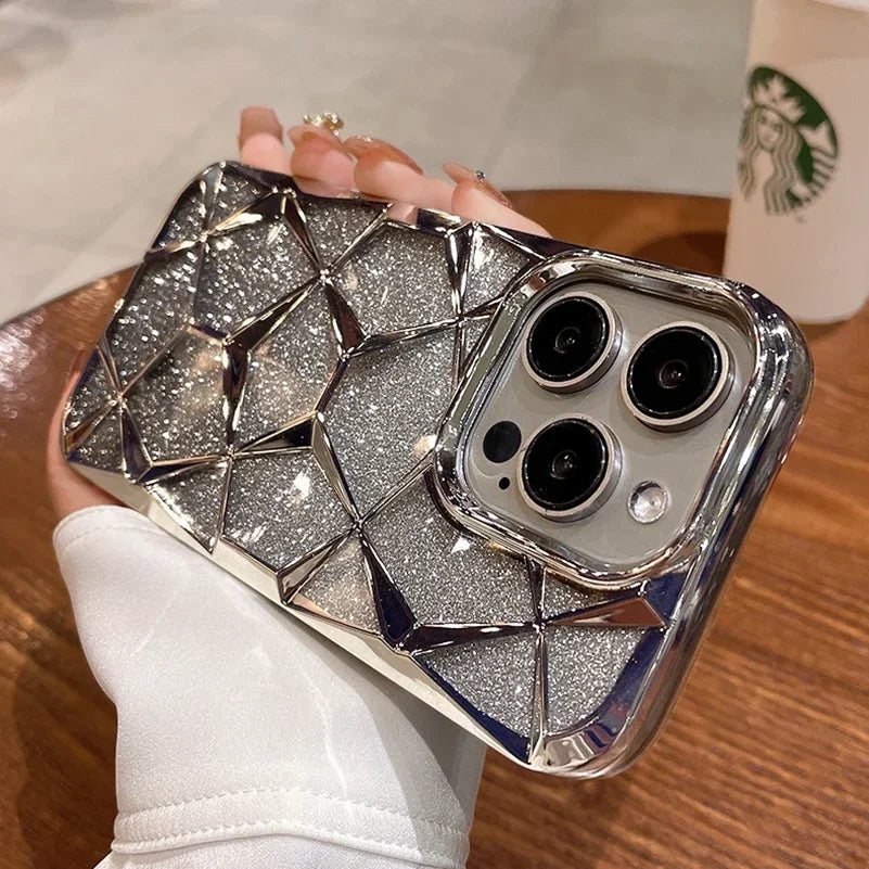 a woman holding a silver case with a phone in it