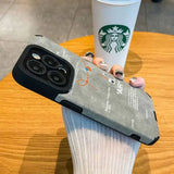 a woman holding a starbucks cup and a phone case