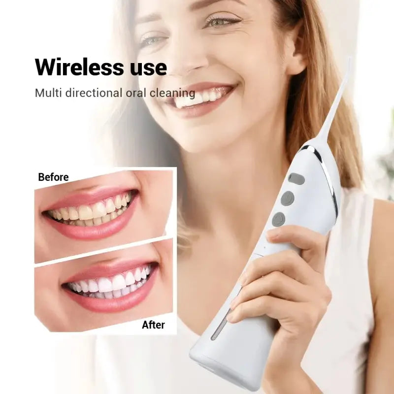 a woman is smiling while using a tooth brush