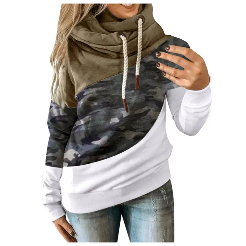 a woman wearing a camouflage hoodie
