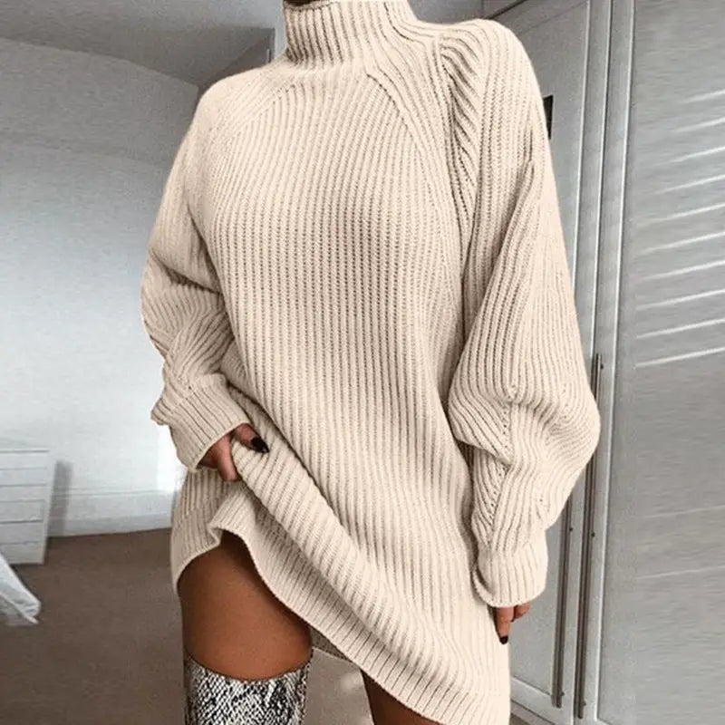 a woman wearing a turtle neck sweater and thigh high heel boots