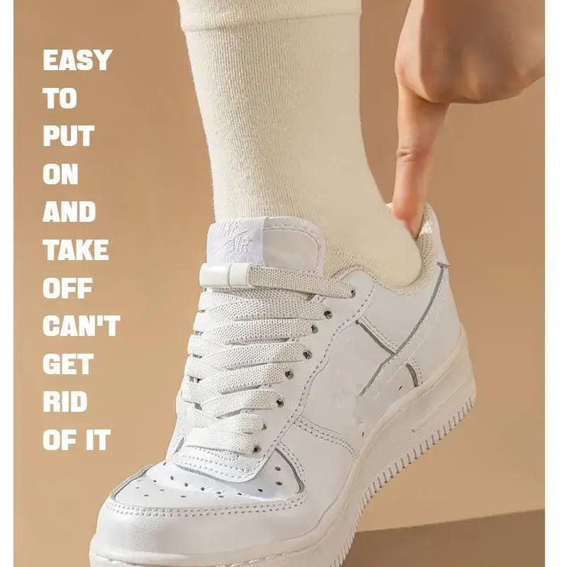 a woman wearing white sneakers with the words easy to put and off get off off