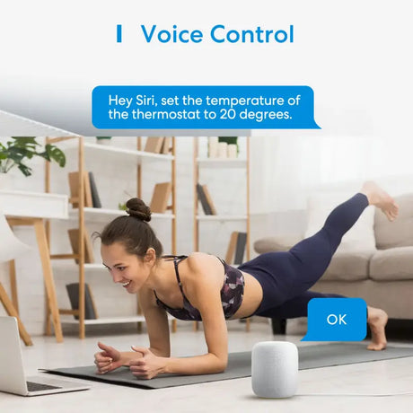 Woman on yoga mat using a laptop with a voice control