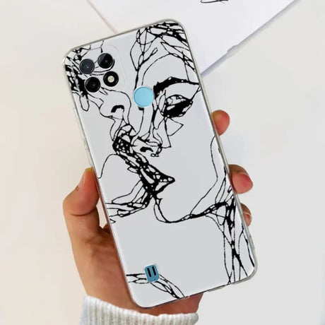 a woman’s face is drawn on a white phone case