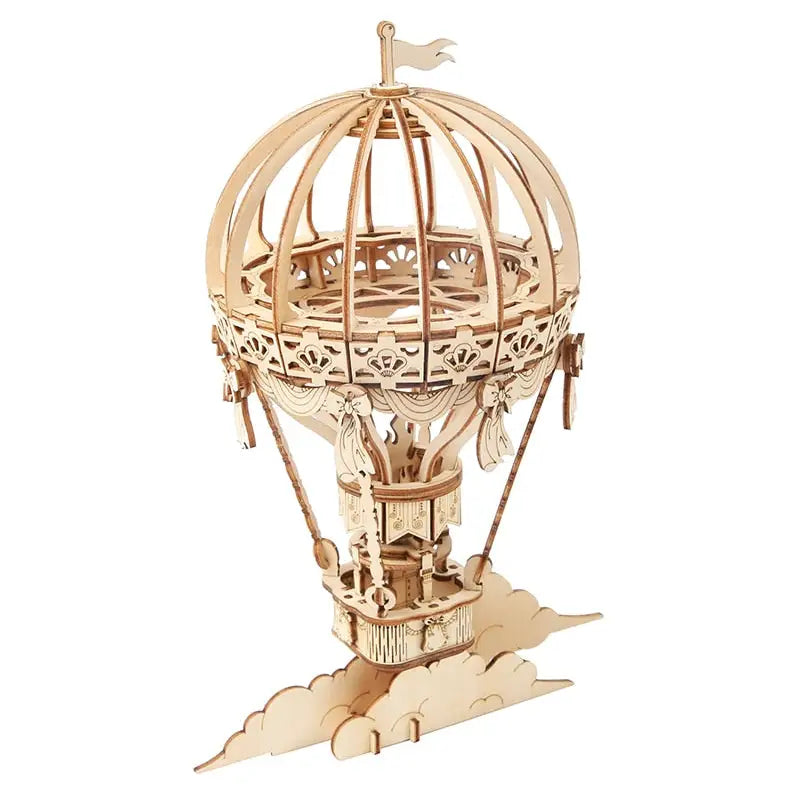 a wooden model of a hot air balloon