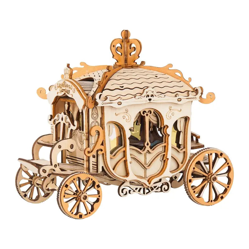 a wooden toy carriage with a clock on the front