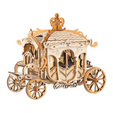 a wooden toy carriage with a clock on the front