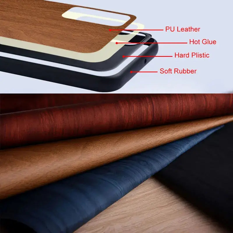 the wooden case is made from wood and has a leather lining