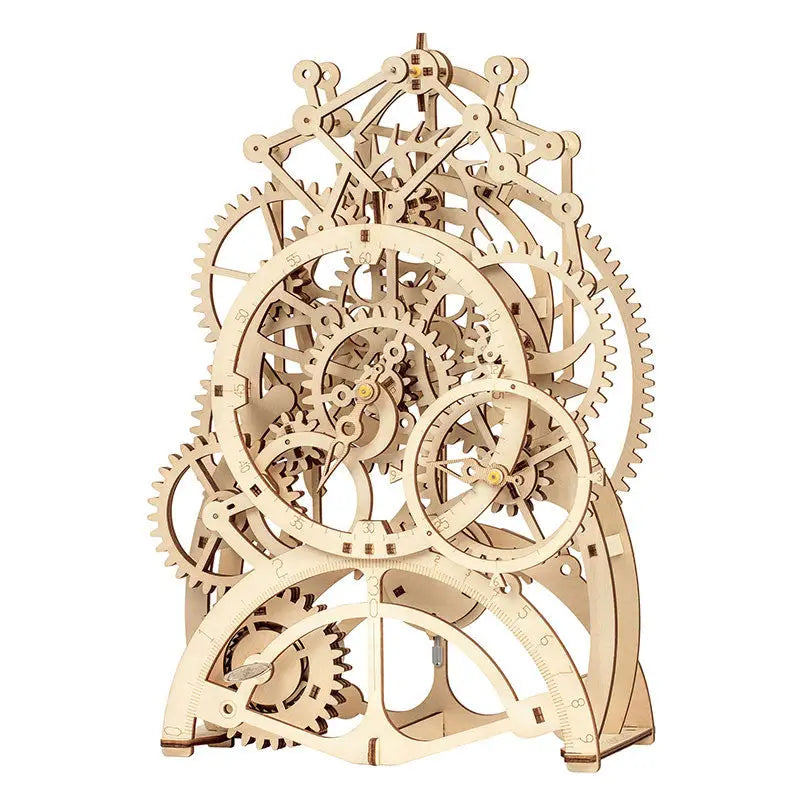 a wooden clock with gears and gears