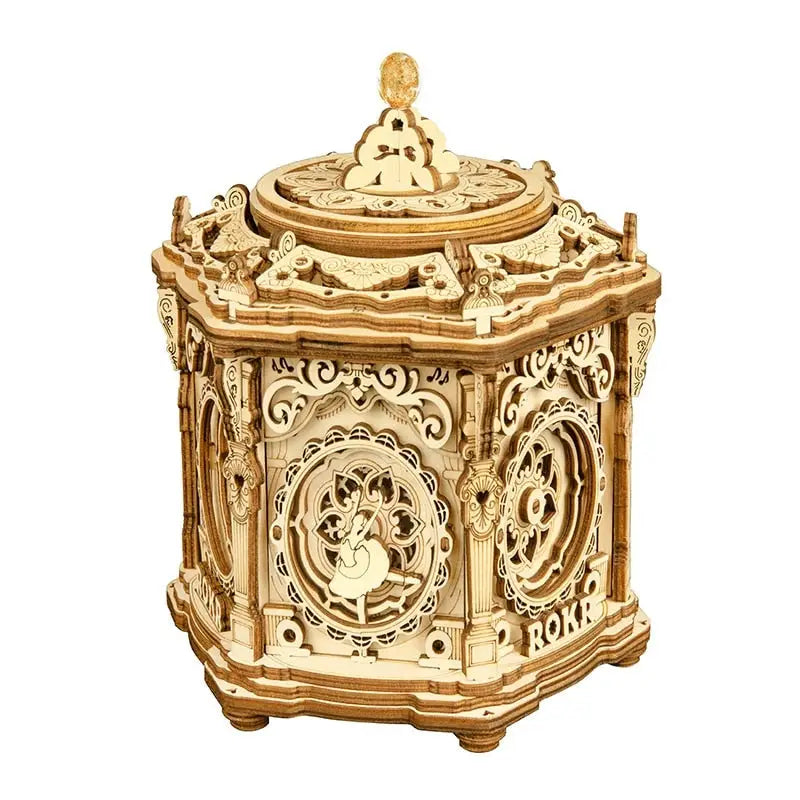 a wooden box with a clock inside