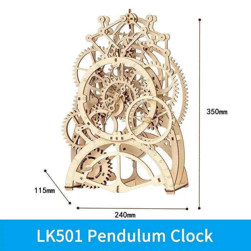 the wooden clock is made from a variety of gears