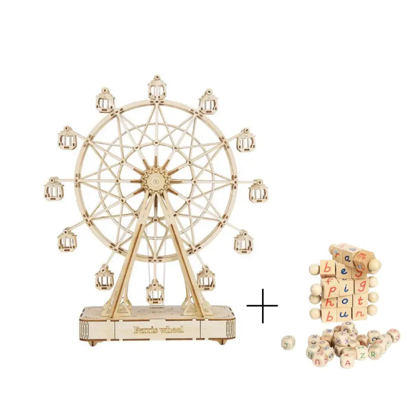 a close up of a wooden ferris wheel with dice pieces