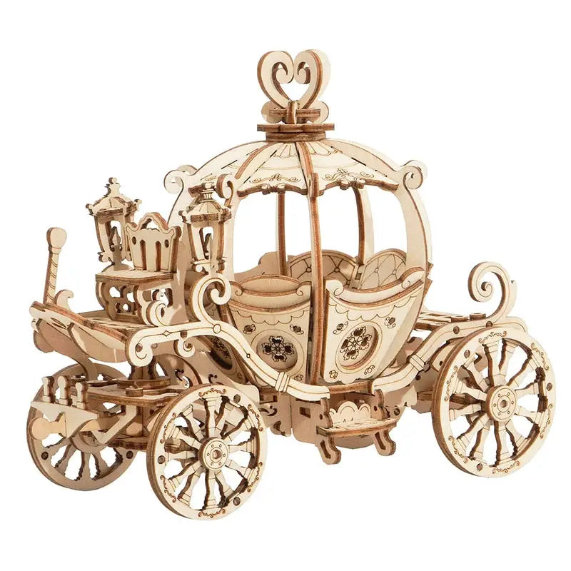 a wooden model of a horse drawn carriage