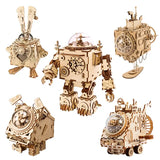 several wooden mechanical toys are shown in a variety of poses