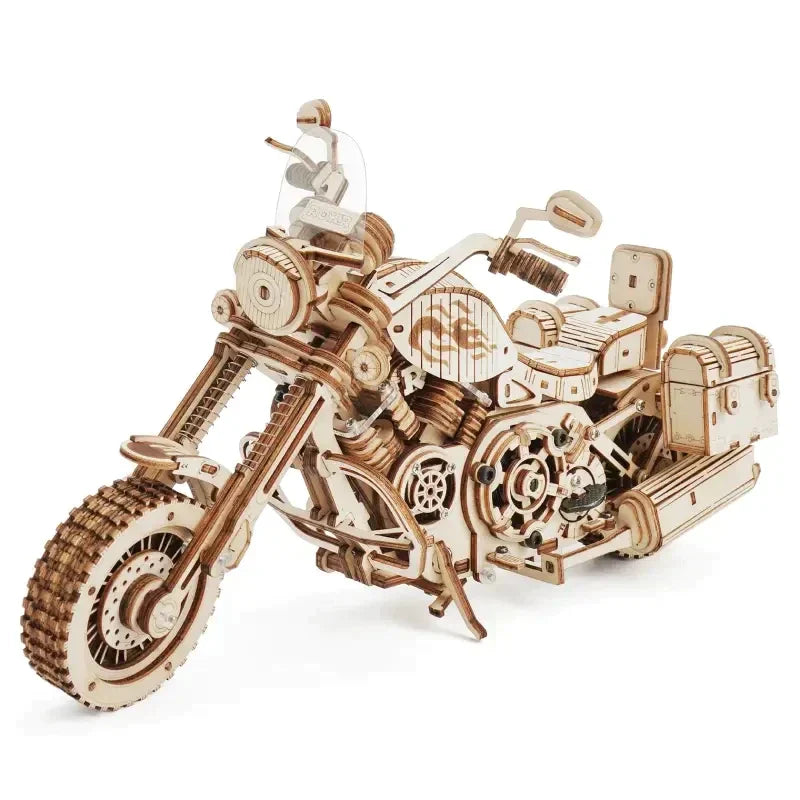 a wooden model of a motorcycle