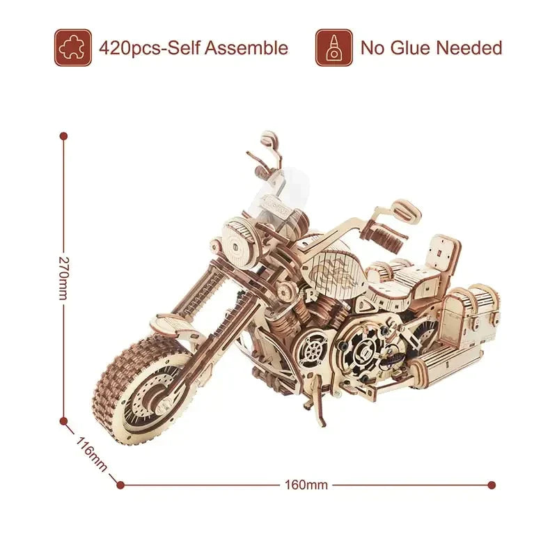 a wooden motorcycle model with a white background