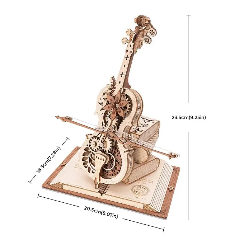 a wooden music box with a violin and a clock