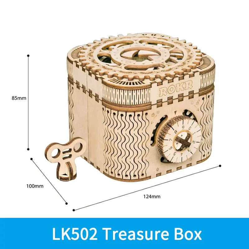 a wooden puzzle box with a clock inside