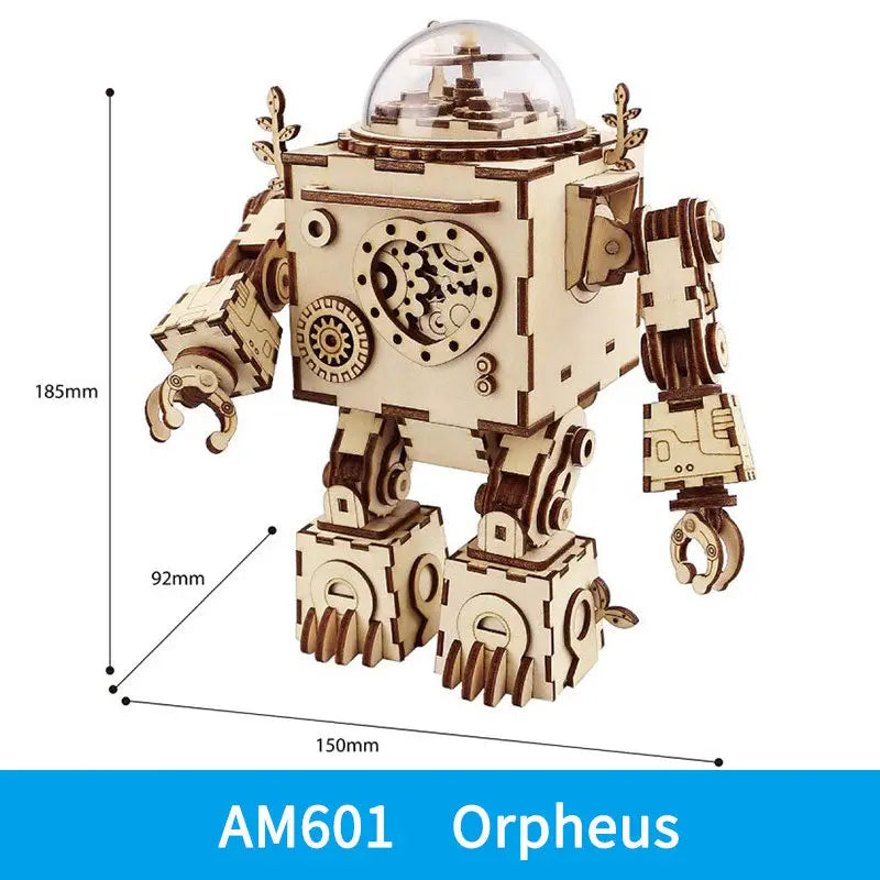 a wooden robot toy with a glass dome