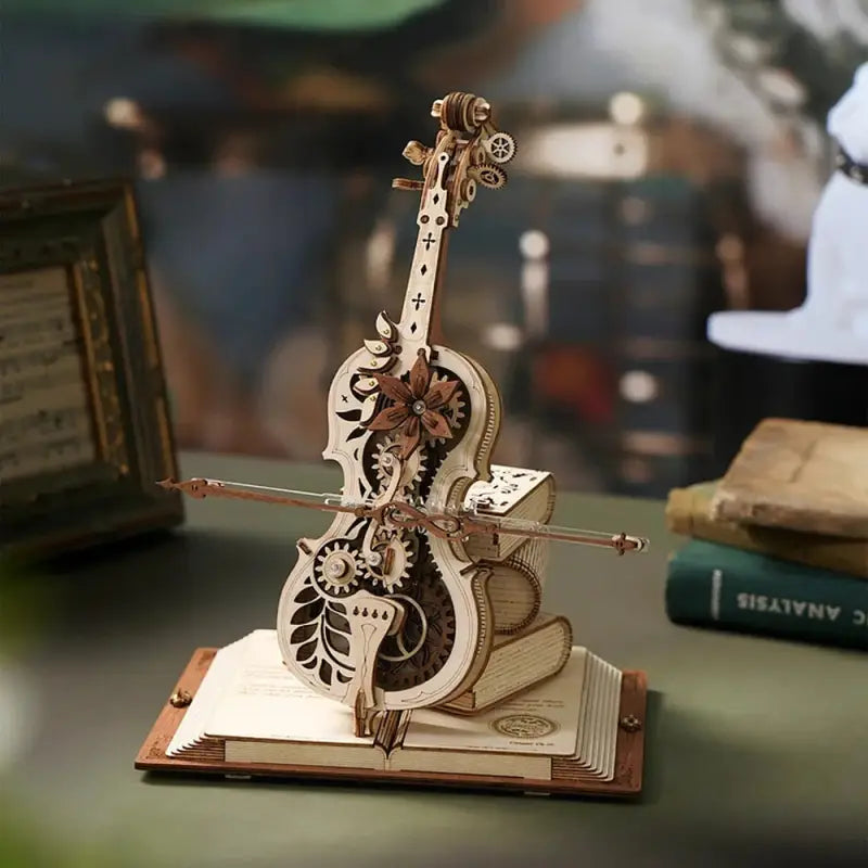 a wooden sculpture of a violin on a table