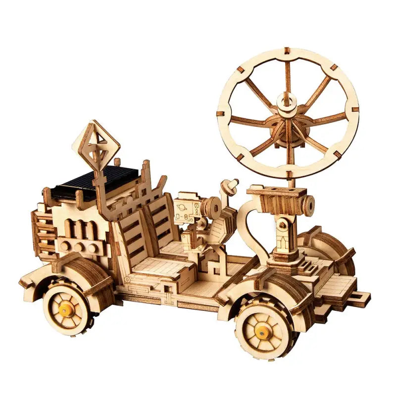 a wooden toy car with a steering and steering