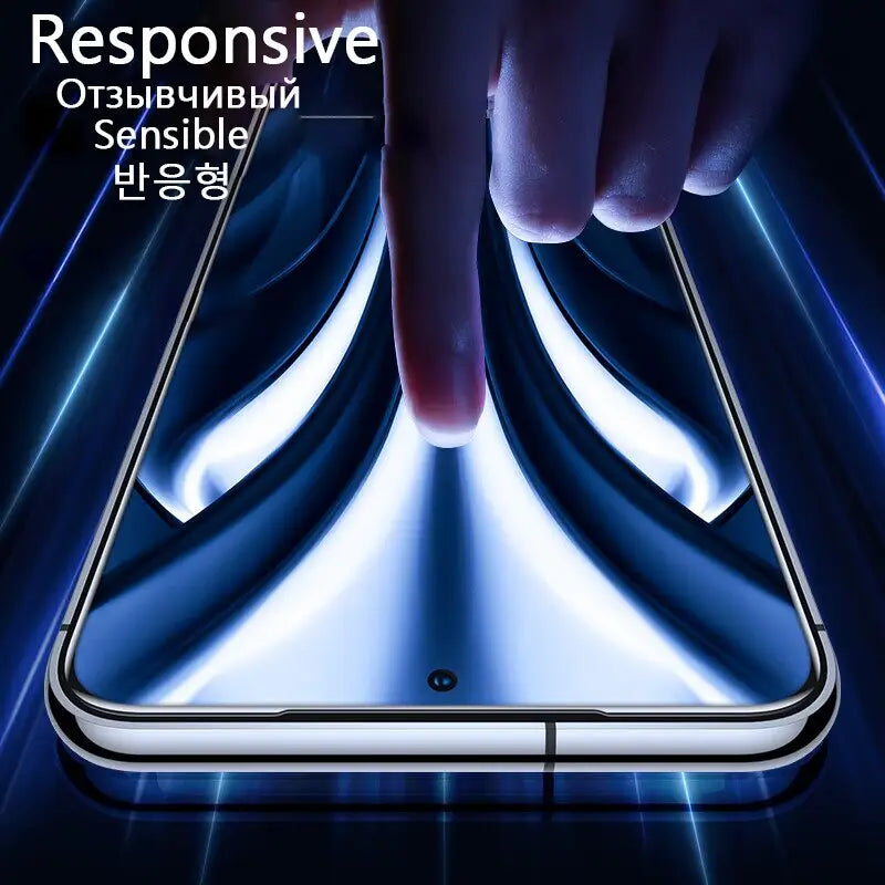 a hand touching a smartphone screen with the text ` `’on it