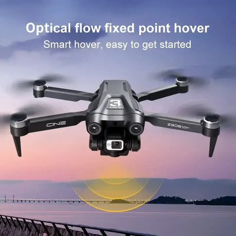 the drone is flying over a bridge with a sunset in the background