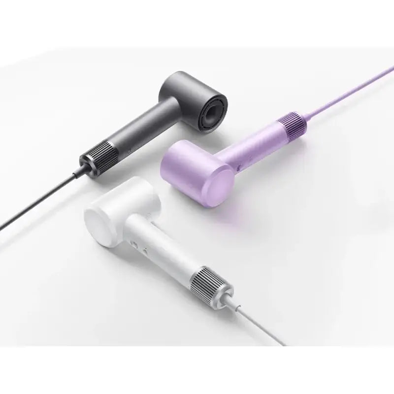 the purple and black earphones are shown with the white cord