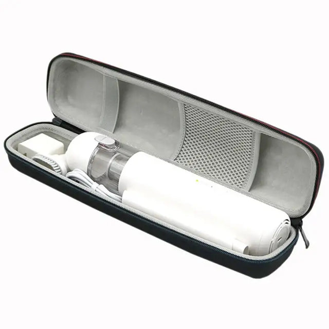 a white electric toothbrush in a black case