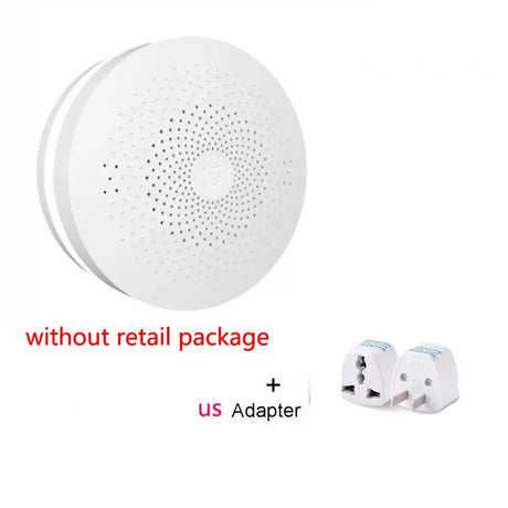 a white round device with a us adapter and a white round device with a us adapter