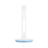 a white and blue bird feeder with a white base