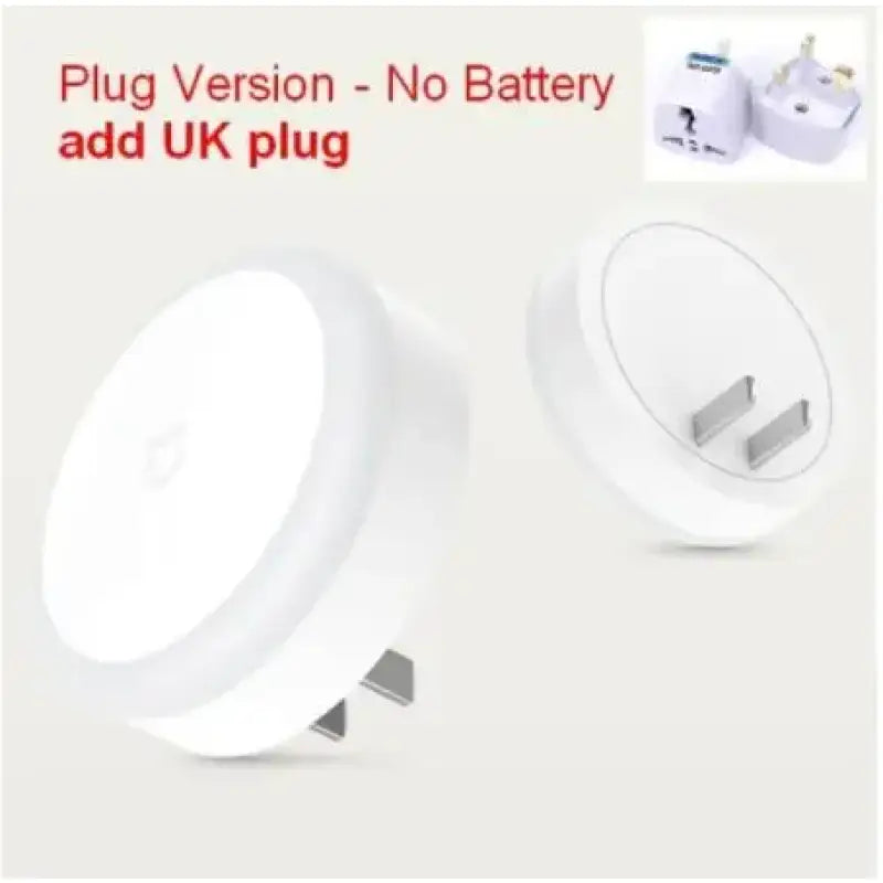 a close up of a white plug plug with a no battery ad