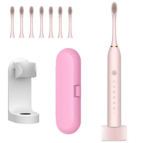 a pink electric toothbrush with five different colors