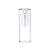 a clear glass water bottle with a white lid