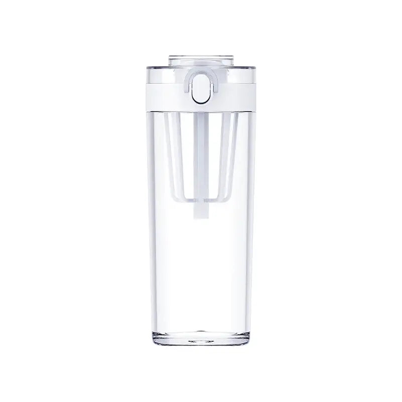 the glass water bottle is shown with a white lid