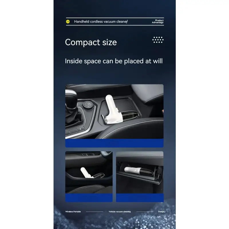 the inside of a car with the text compact size inside space can be placed at the center of the vehicle