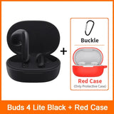 a pair of black and red ear buds with a red case