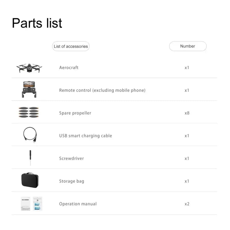 a screenshot of a list of parts for a drone
