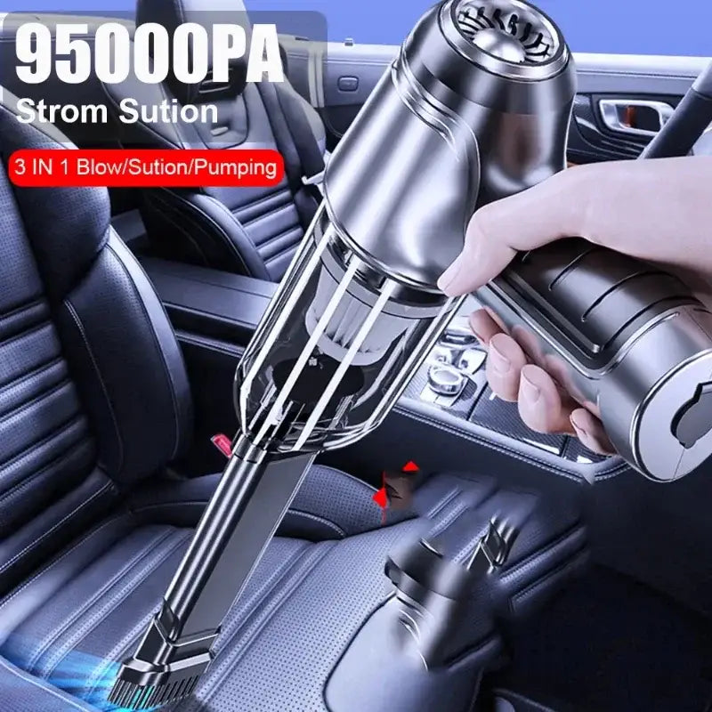 a close up of a person using a car vacuum in a car