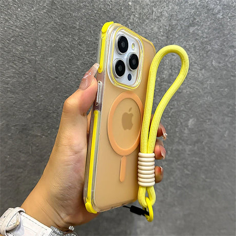 Yellow-accented iPhone case with wrist strap.