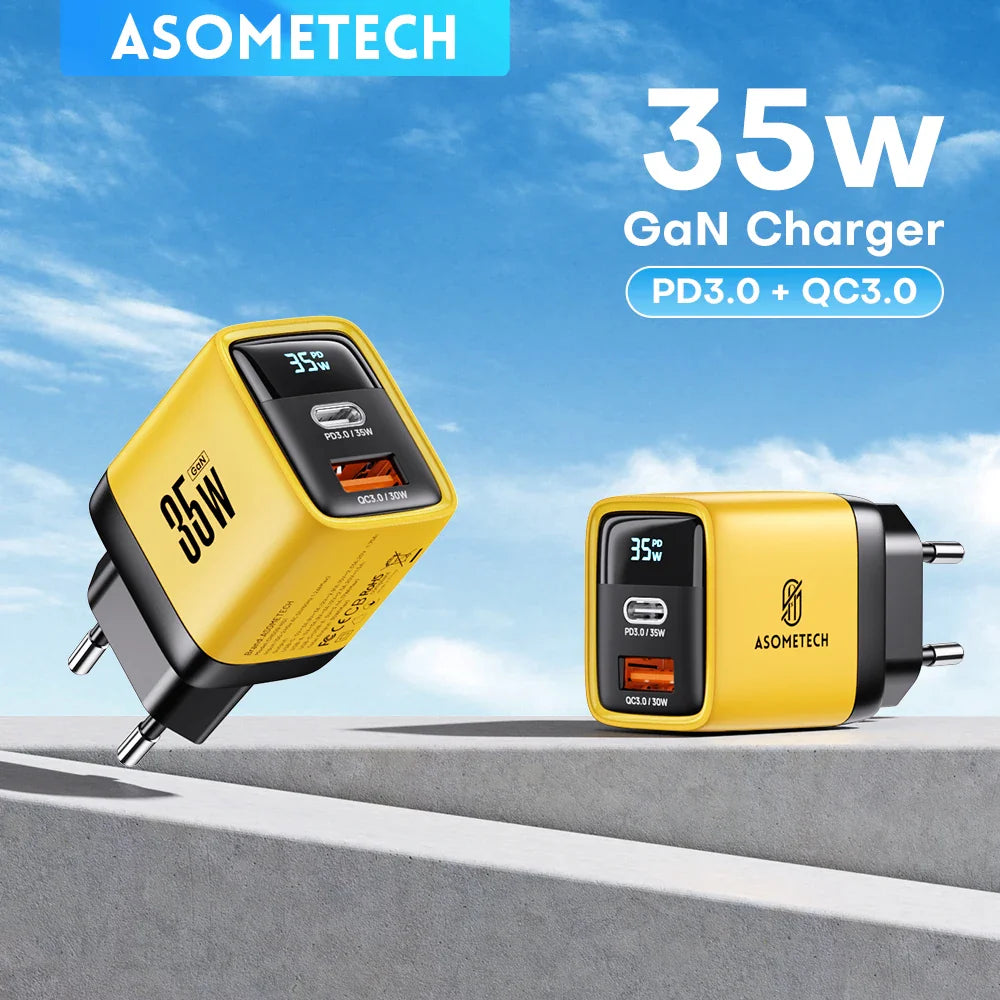 Yellow and black 35W GaN charger with PD3.0 and QC3.0 capabilities.
