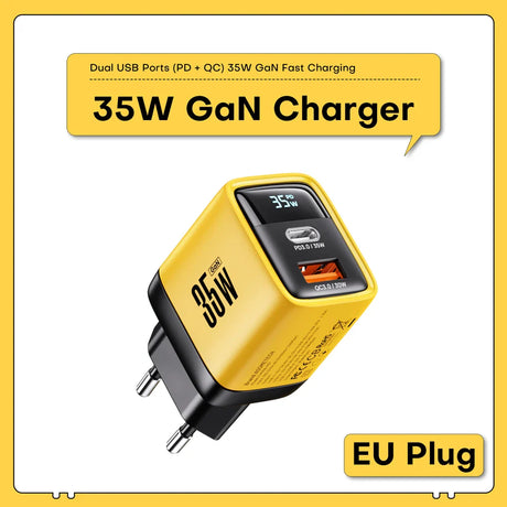 Yellow and black 35W GaN fast charger with dual USB ports and an EU plug.