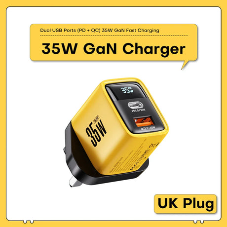 Yellow and black 35W GaN fast charger with dual USB ports and a UK plug.