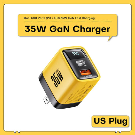 Yellow and black 35W GaN fast charger with dual USB ports and a US plug.