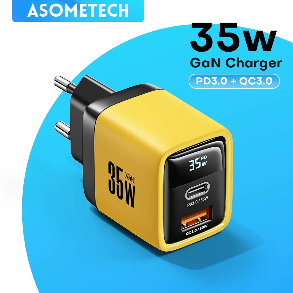 Yellow and black 35W GaN charger with USB-C and USB-A ports.