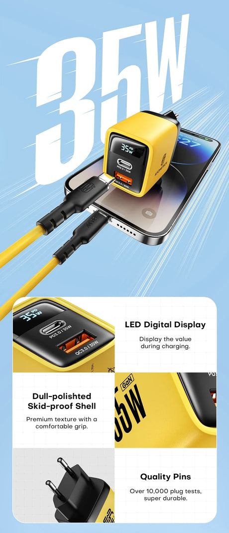 Yellow and black fast-charging device for smartphones with a digital display and dual USB ports.